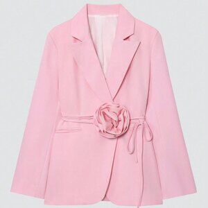 Pink Elegant Women's Casual Floral Tie-Up Blazer Jacket
